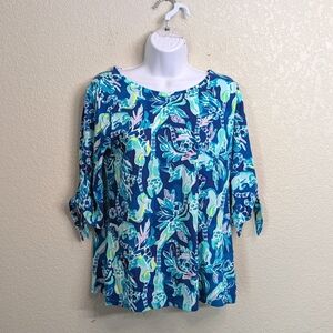 Lilly Pulitzer Preston Top Tidal Wave In The Details Lemurs 3/4 Sleeve Beachy M